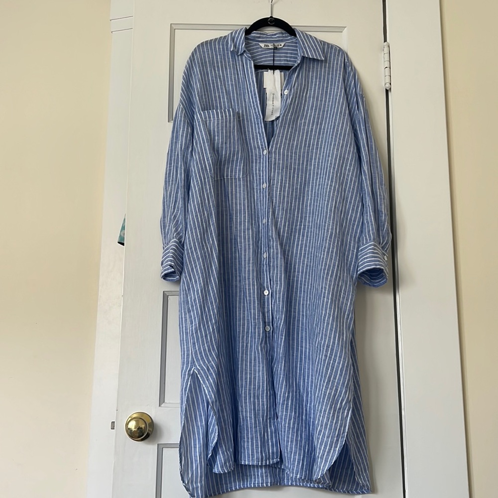 Zara 100% Linen Striped Midi Dress